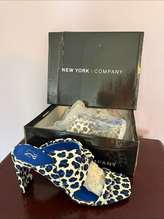 New York & Company Shoes - New York & Company Blue and White Leopard Print Slip-On Heels
